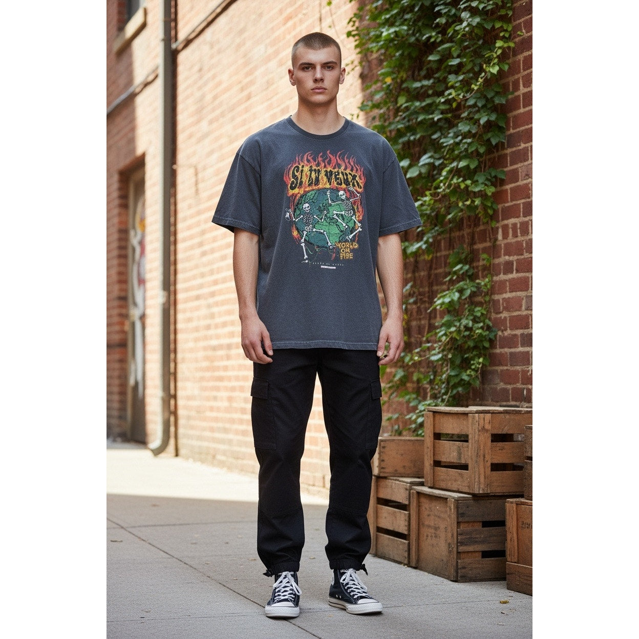 Si Tu Veux World On Fire Gray Men’s T-Shirt Size XL