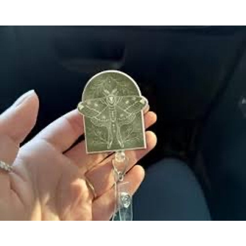 Vintage Moth Badge Reel: Botanical Green Arch, Retractable ID Holder