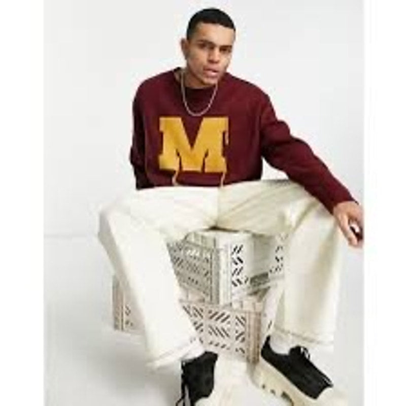 MENNACE VARSITY KNITTED JUMPER IN BURGUNDY WITH RUST EMBROIDERY-RED