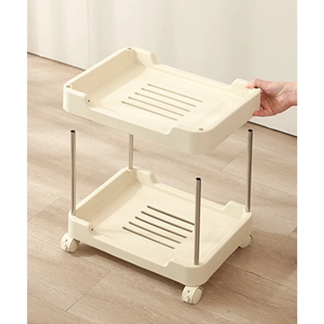 3-tier rolling utility cart with a top handle and drawer feature.