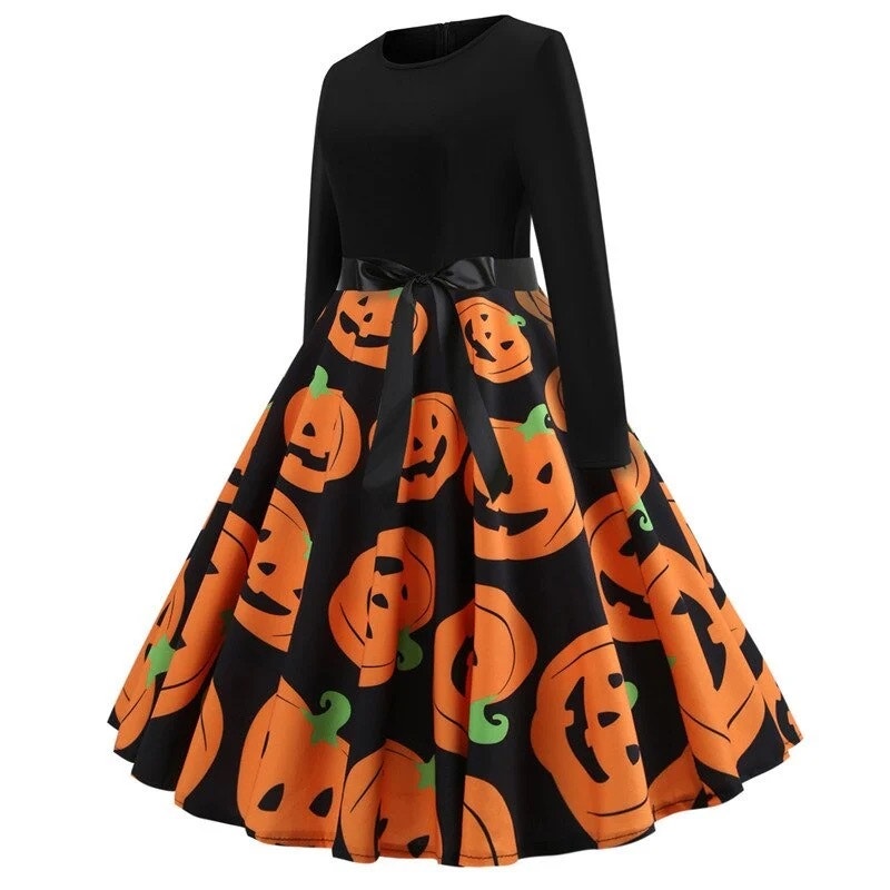 WOMEN'S HALLOWEEN DRESS WITH PUMPKIN PRINT / LADIES CLOTHES WITH LONG SLEEVE