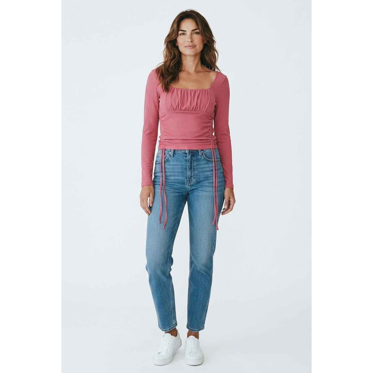 Forever 21 pink long-sleeve crop top featuring a square neckline