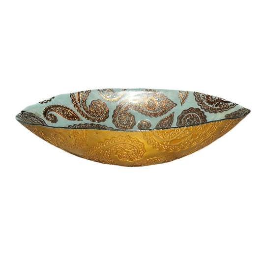 Green & Gold Glass fruit bowl 14” L 10”W 3” H