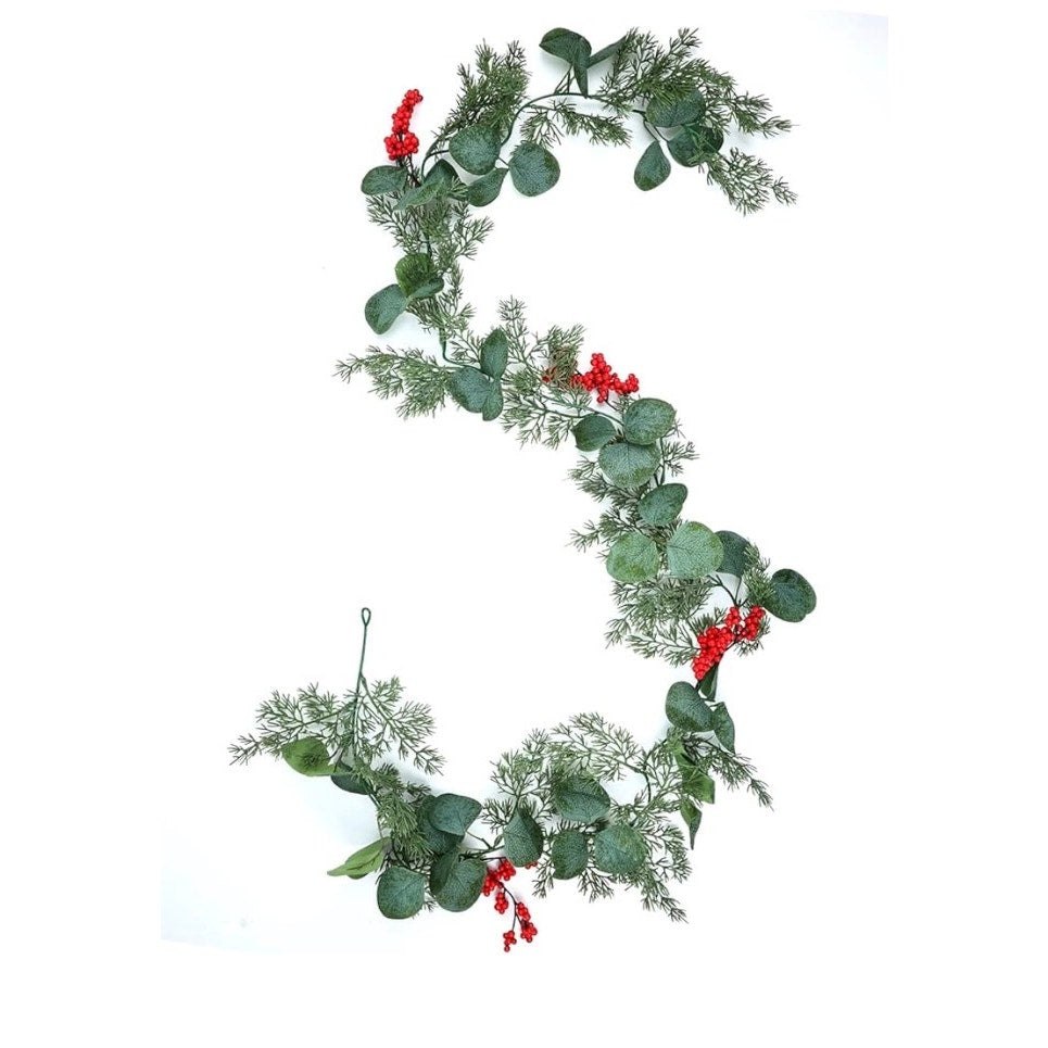5.9 Feet Eucalyptus Leaves Red Berry Norfolk Pine Christmas Greenery Garland
