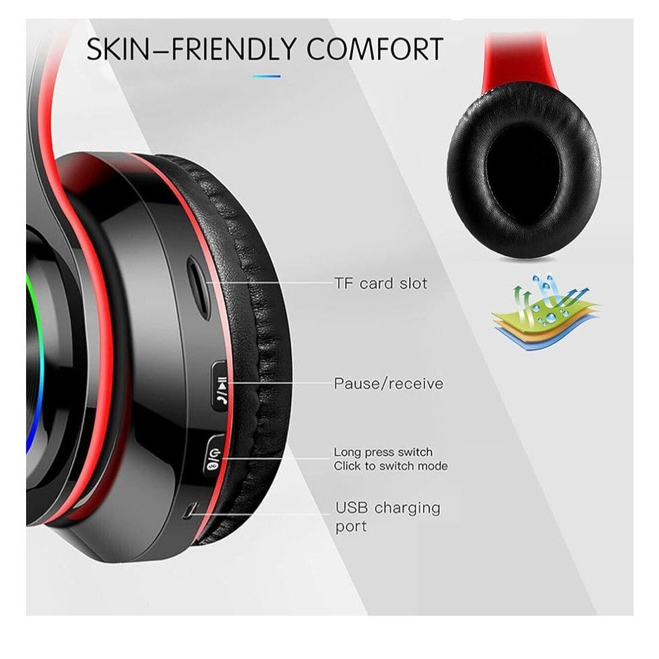 Bluetooth Over Ear Headphones, LED Lights Headphones with Built-in Mic B39