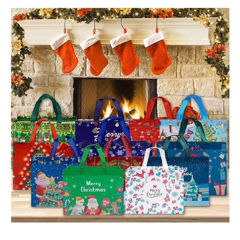 Heetobcos 12 Pack Christmas Gift Bags Large Reusable Tote Bags, Non-Wove Bags for New Year's Shopping, Christmas Surprise, Xmas Party Supplies,12.8"×9.8"×6.7"