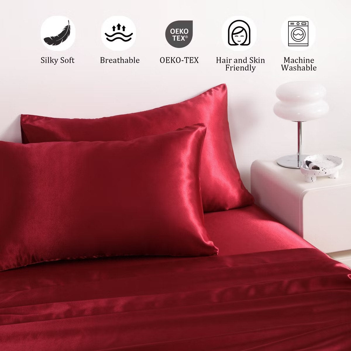 4 Pieces Satin Bed Sheet Set, Silky Cooling Soft Sheet Set, King, Wine Red