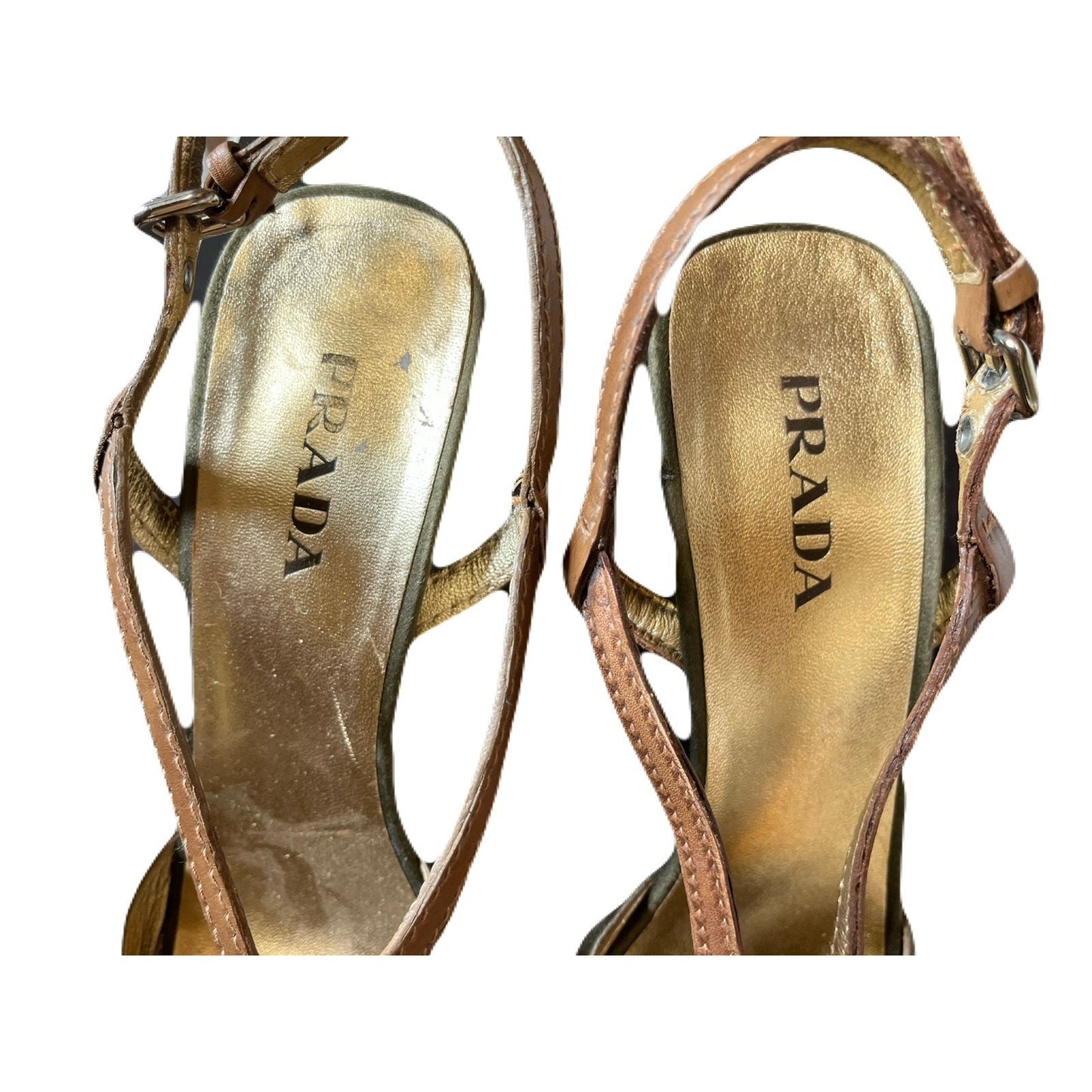 Prada Olive Green Satin And Brown Leather Slingback 4” Heel Size 10