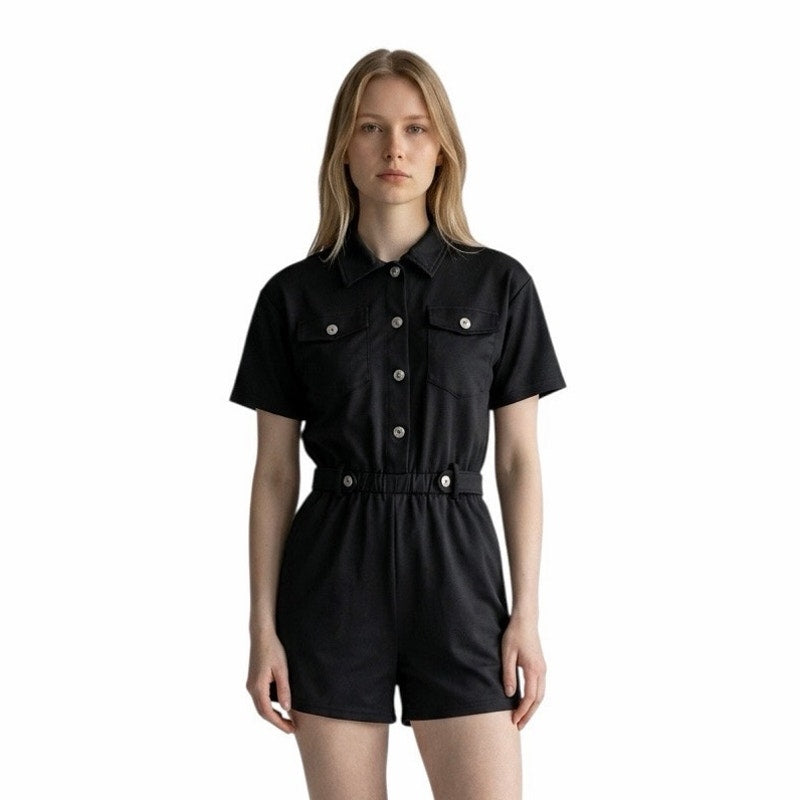 black button-down romper features utility-inspired chest pockets Size Small