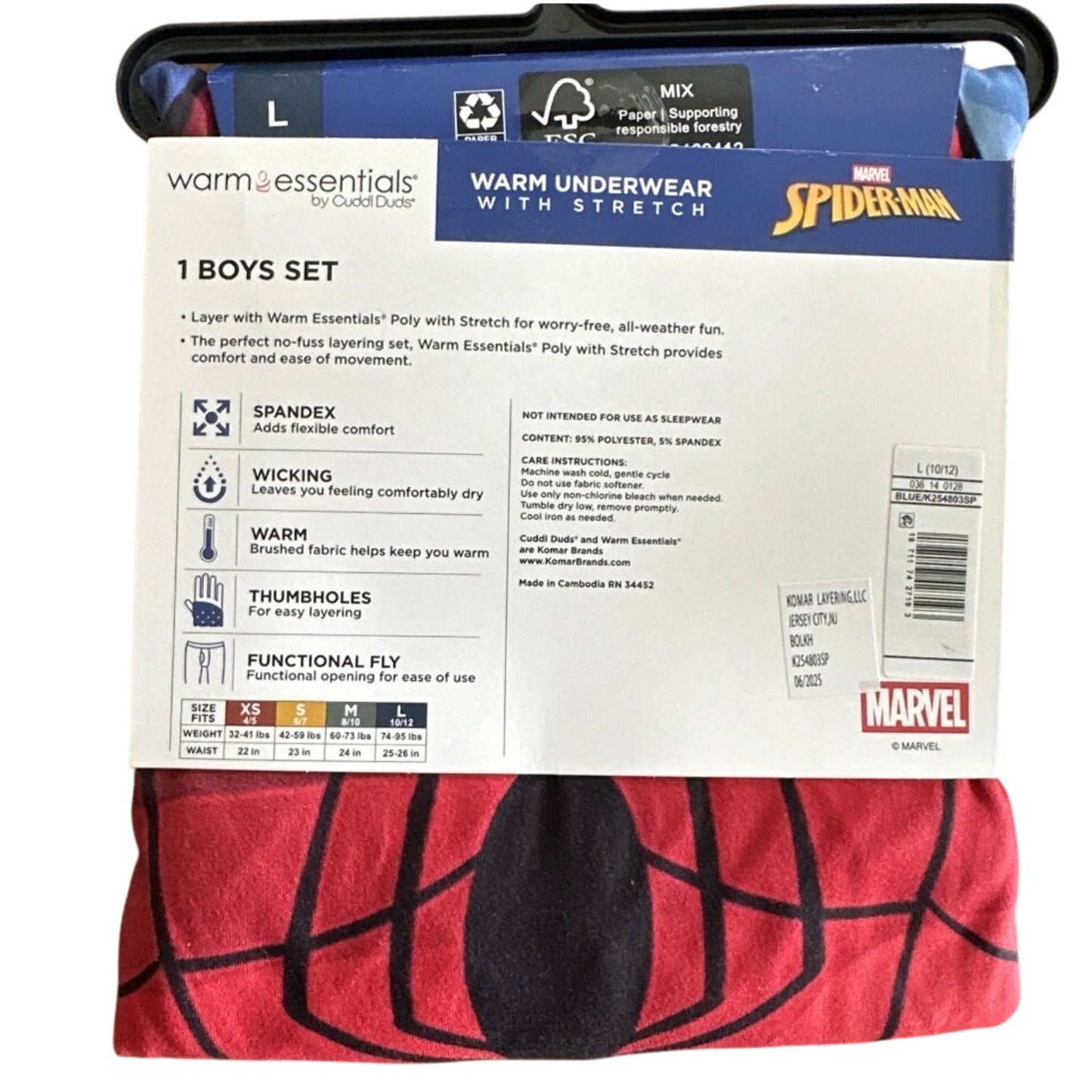 Cuddl Duds Spider-Man Warm Underwear Essentials Boys  Sz LG(10/12)  NWT