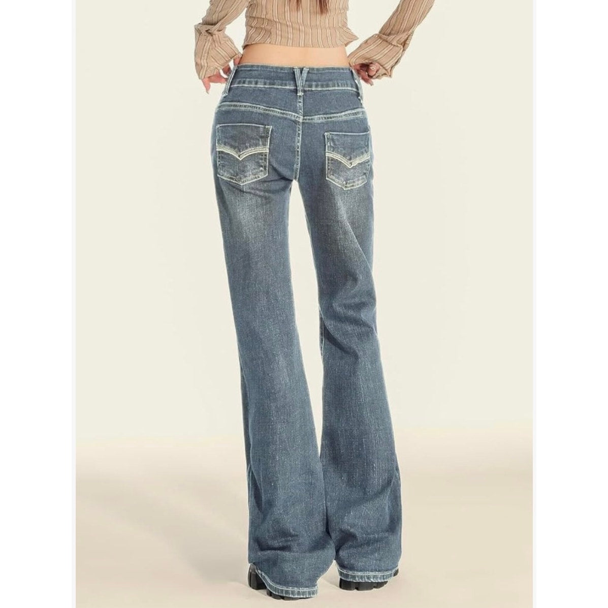 EMMIOL Mid-High Rise Flare Jeans Women, Stretchy Bootcut Retro Blue XS
