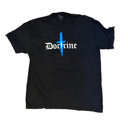 Doctrine Black Men’s T-shirt With Blue Print On It Size XXL