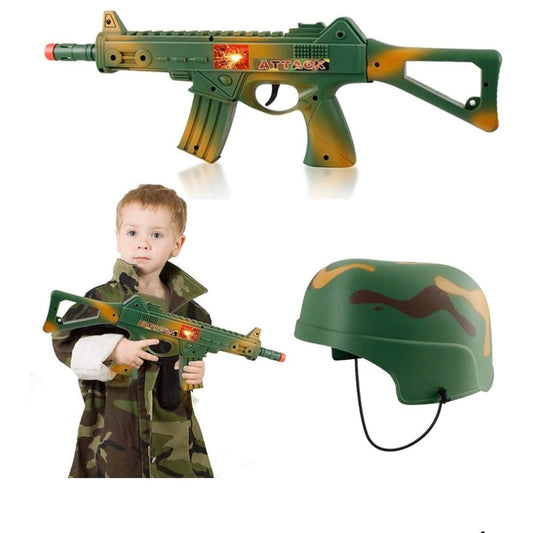 Camouflage Army Helmet and 16 inches Machine Gun Toy Rifle Military Combat