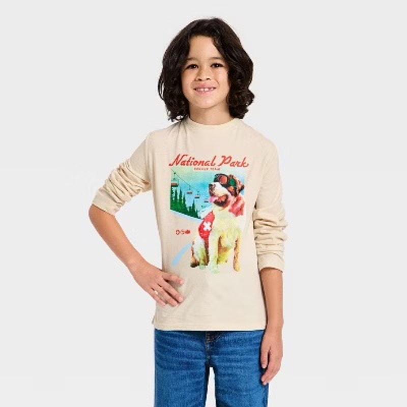 Boys' Long Sleeve 'National Park' Dog Graphic T-Shirt - Cat & Jack Cream L 10/12