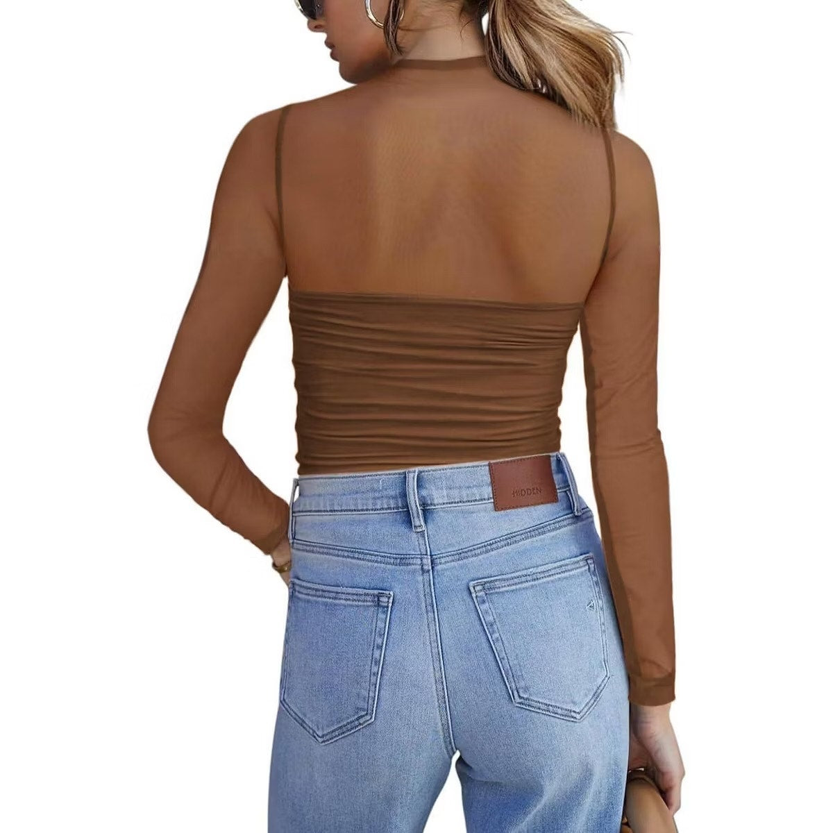 Mesh Sheer Long Sleeve Top Sexy Casual Mock Turtle Neck See Though Shirts Ruched