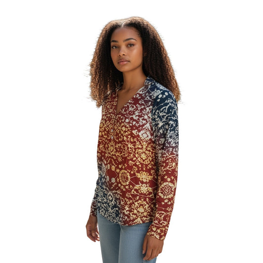 long-sleeve V-neck blouse with a bohemian floral pattern Size L