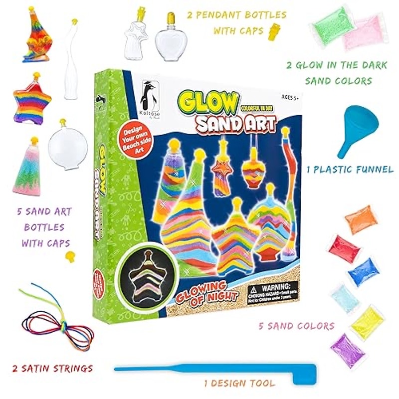 Sand Art Kit for Kids, Glow in the Dark Sand Art Bottles and Necklaces