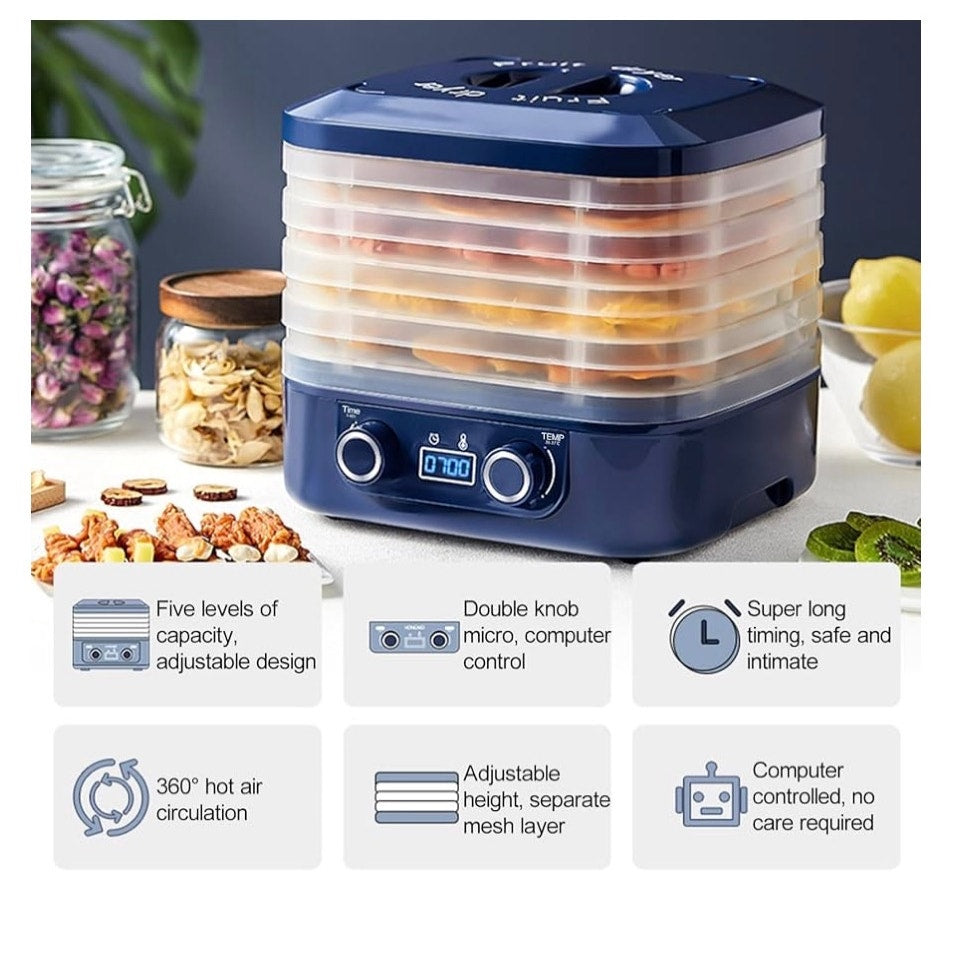 Food Dehydrator, 5 Trays Food Dryer Machine, Temperature Control  Blue