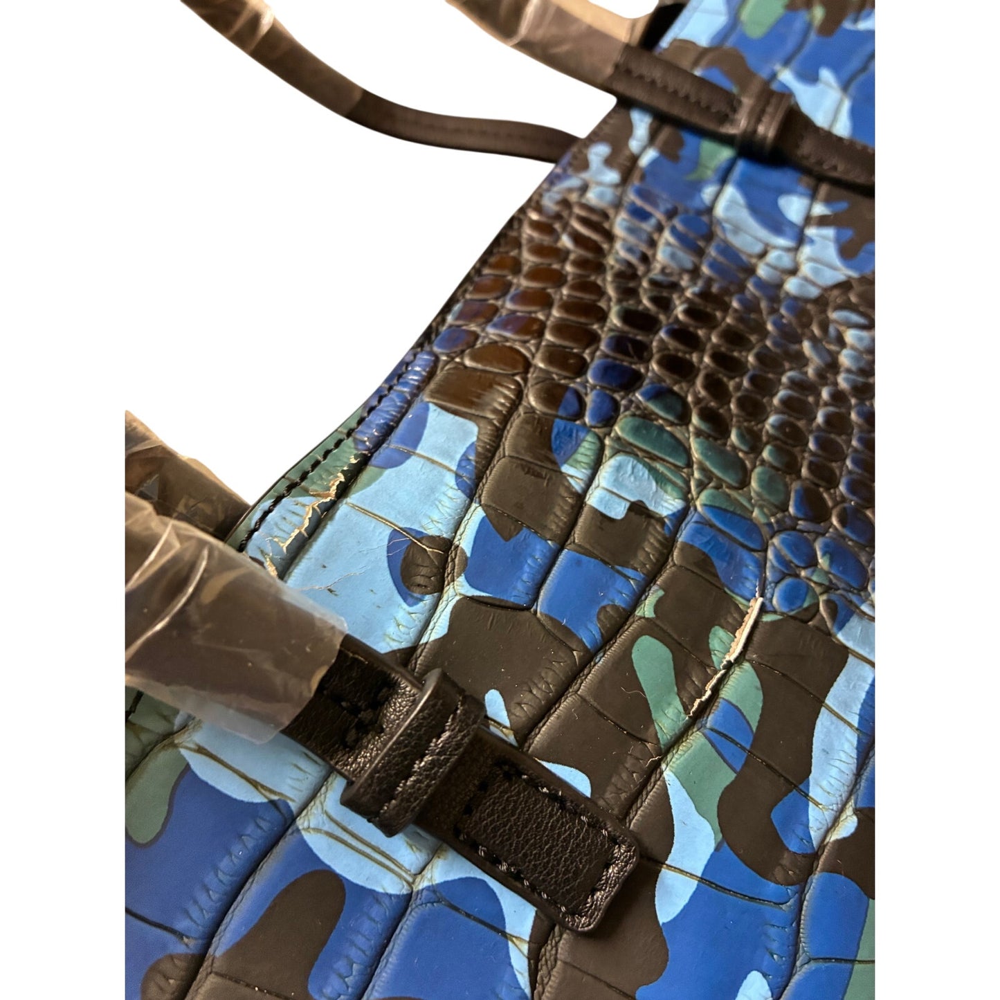 De Vesi L'Amour Crocodile Embossed Blue Camouflage Tote Bag 16”W X 11”L