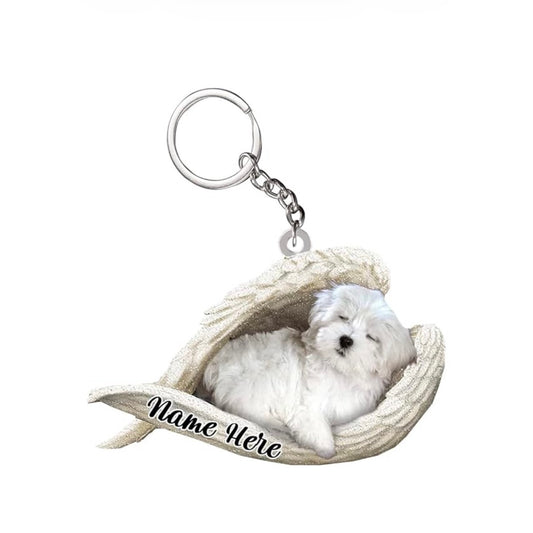 Maltese Sleeping Angel acrylic keychain With The Name Mattie On It