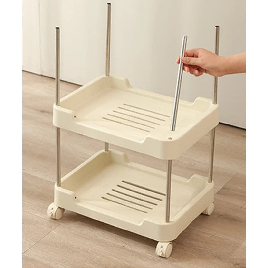 3-tier rolling utility cart with a top handle and drawer feature.