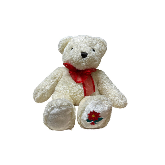 White 10 inch teddy bear with red ty