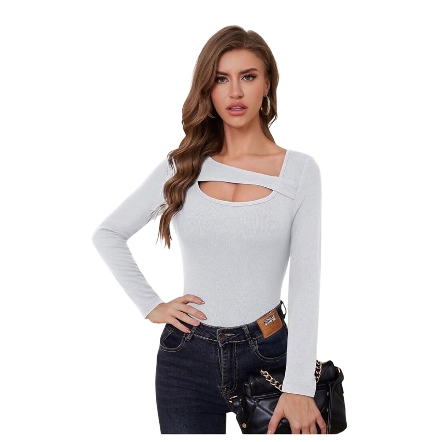 Long Sleeve Shirts Women Ribbed 1 Piece Cutout Tops Fashion Slim Fitted Clothes