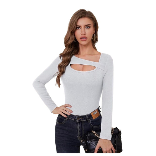 Long Sleeve Shirts Women Ribbed 1 Piece Cutout Tops Fashion Slim Fitted Clothes