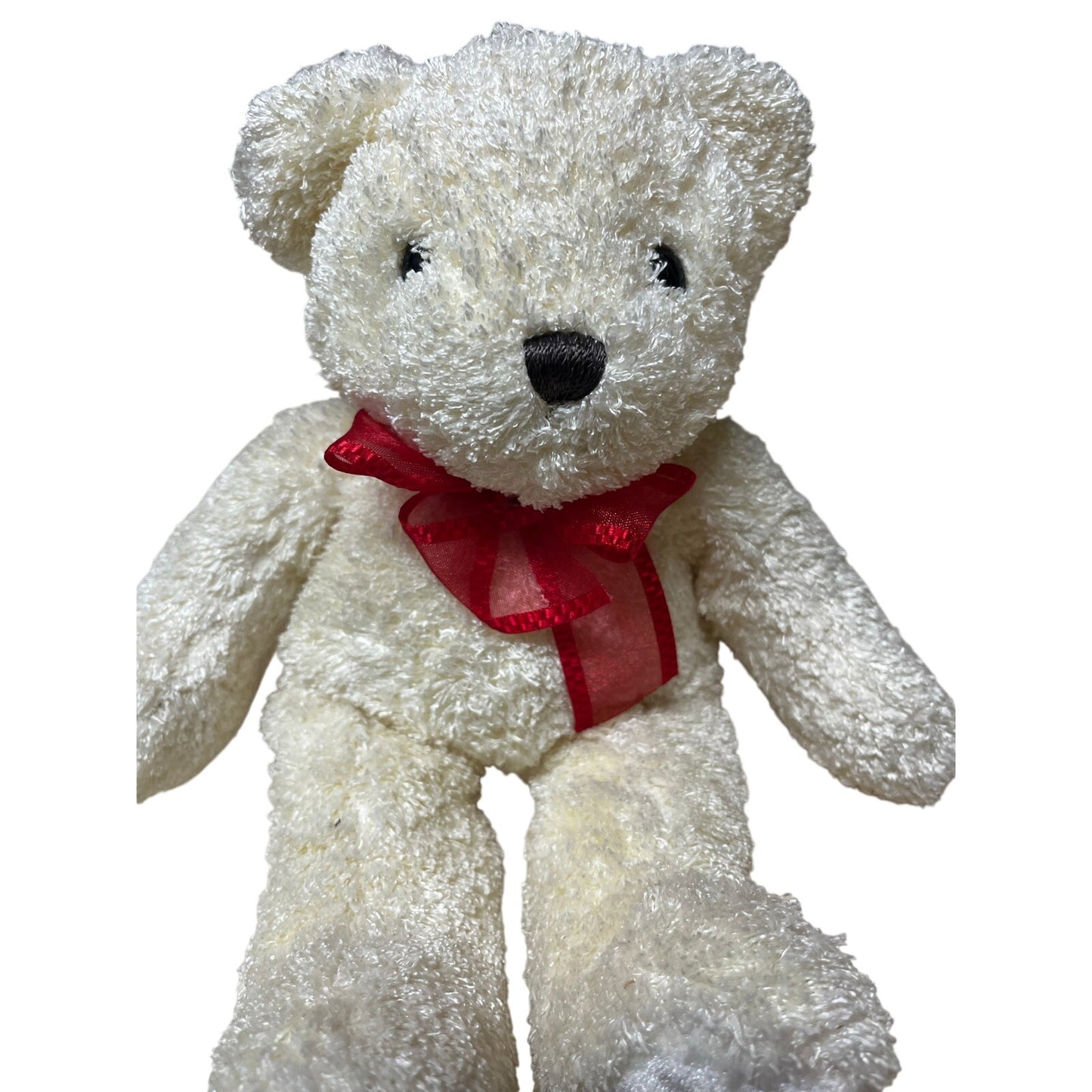 White 10 inch teddy bear with red ty