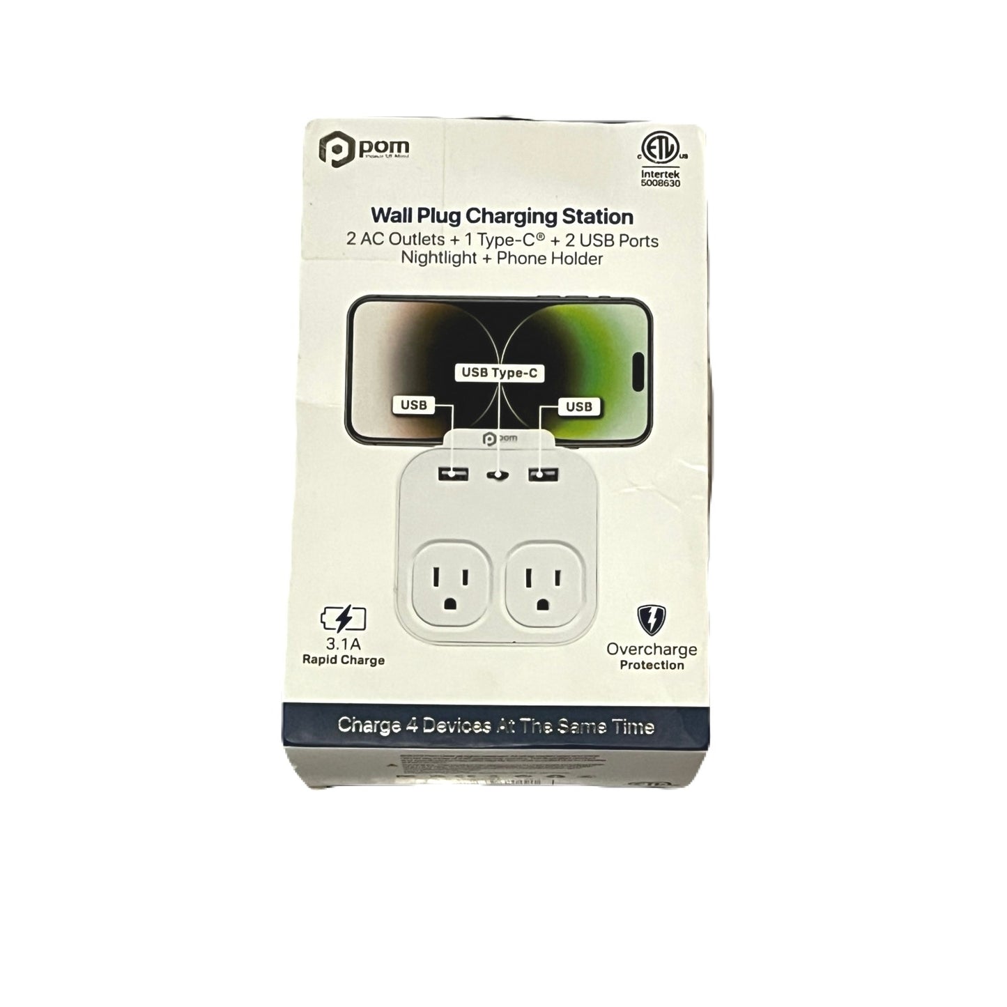 Pom Wall Plug Charging Station 2 AC Outlets + 1 Type C + 2 USB Ports Nightlight + Phone Holder