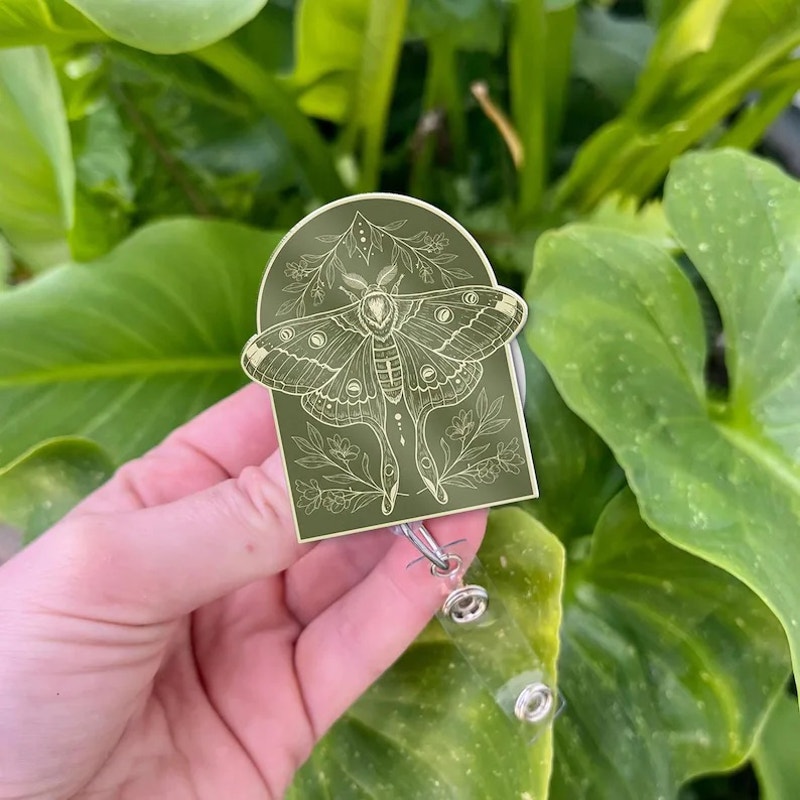 Vintage Moth Badge Reel: Botanical Green Arch, Retractable ID Holder