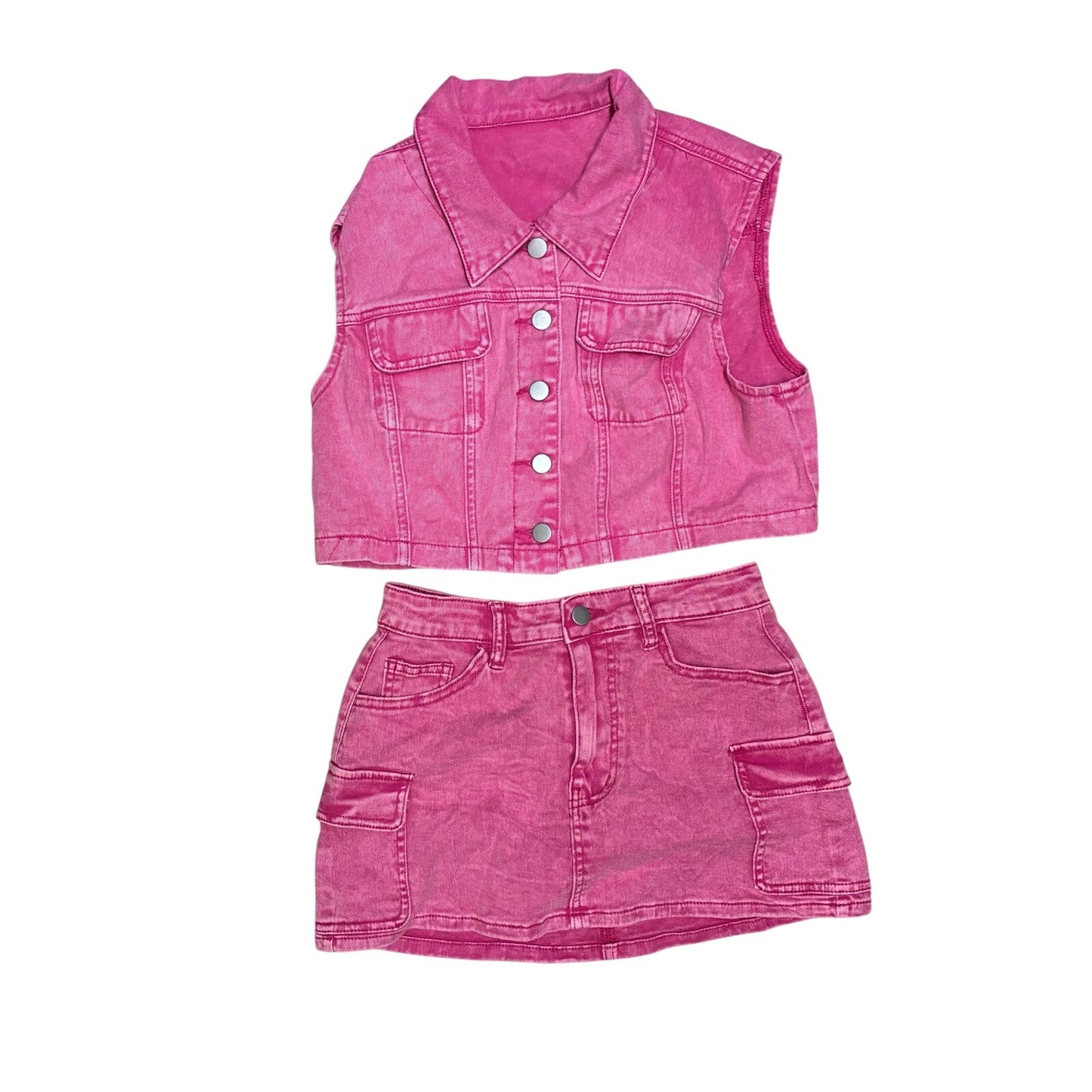 SHEIN Women’s 2 Piece Red Denim Set Jean Vest & Jean Skirt Size Small
