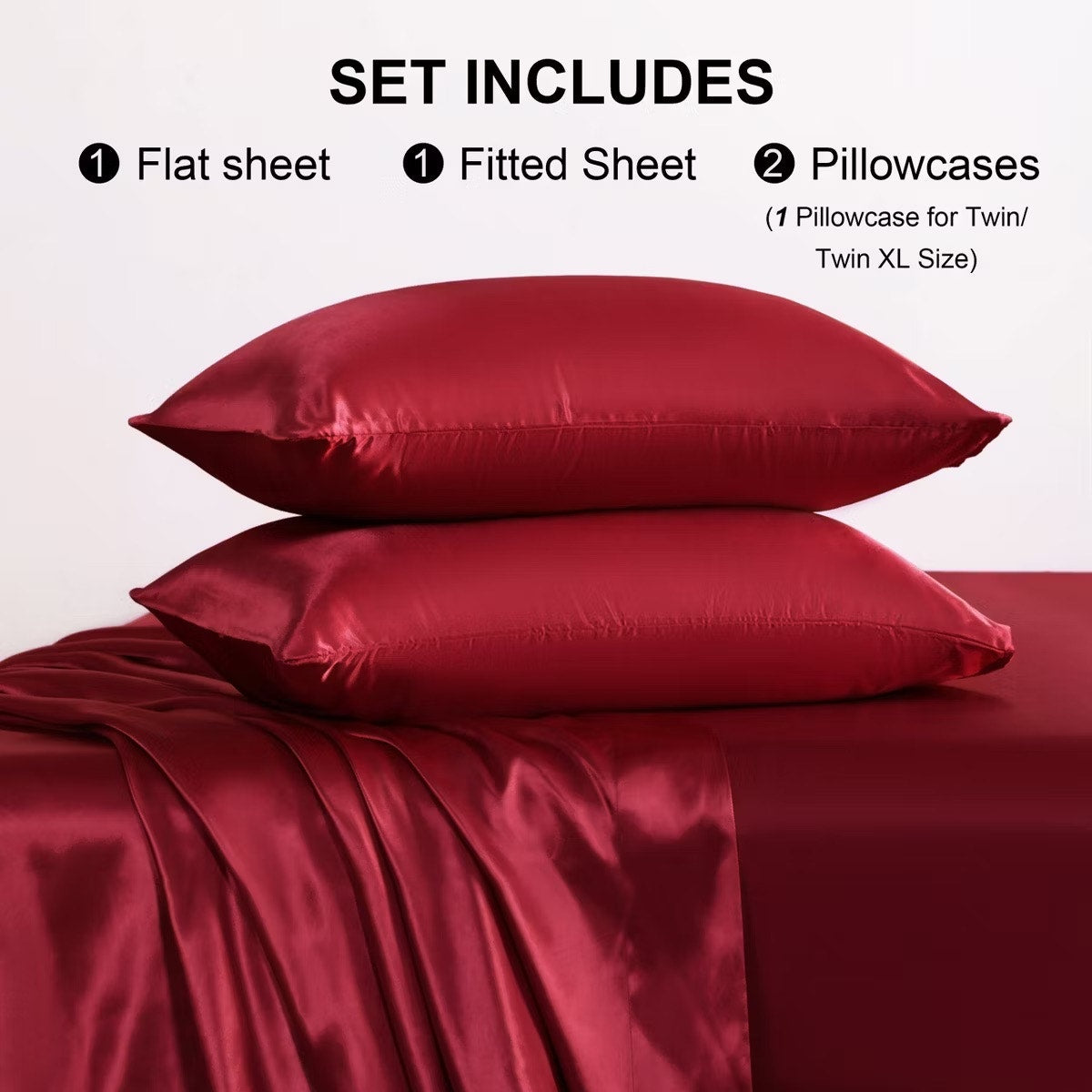 4 Pieces Satin Bed Sheet Set, Silky Cooling Soft Sheet Set, King, Wine Red