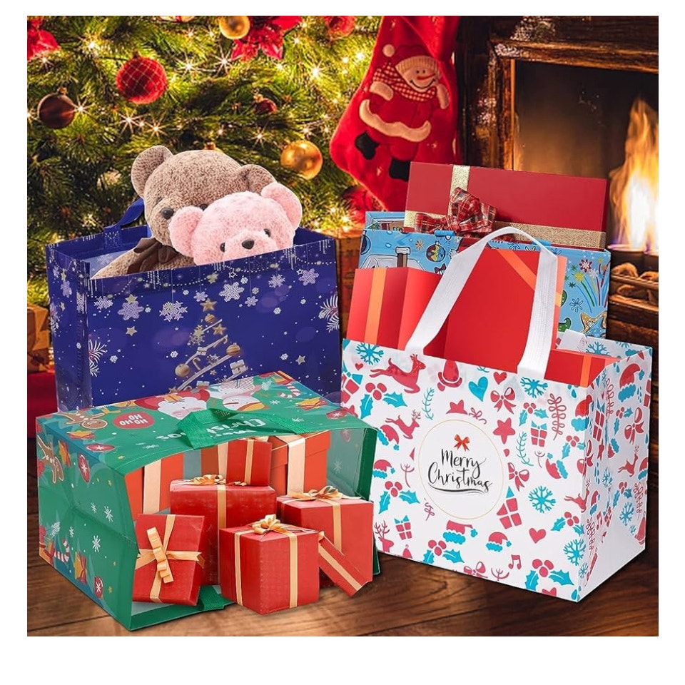 Heetobcos 12 Pack Christmas Gift Bags Large Reusable Tote Bags, Non-Wove Bags for New Year's Shopping, Christmas Surprise, Xmas Party Supplies,12.8"×9.8"×6.7"
