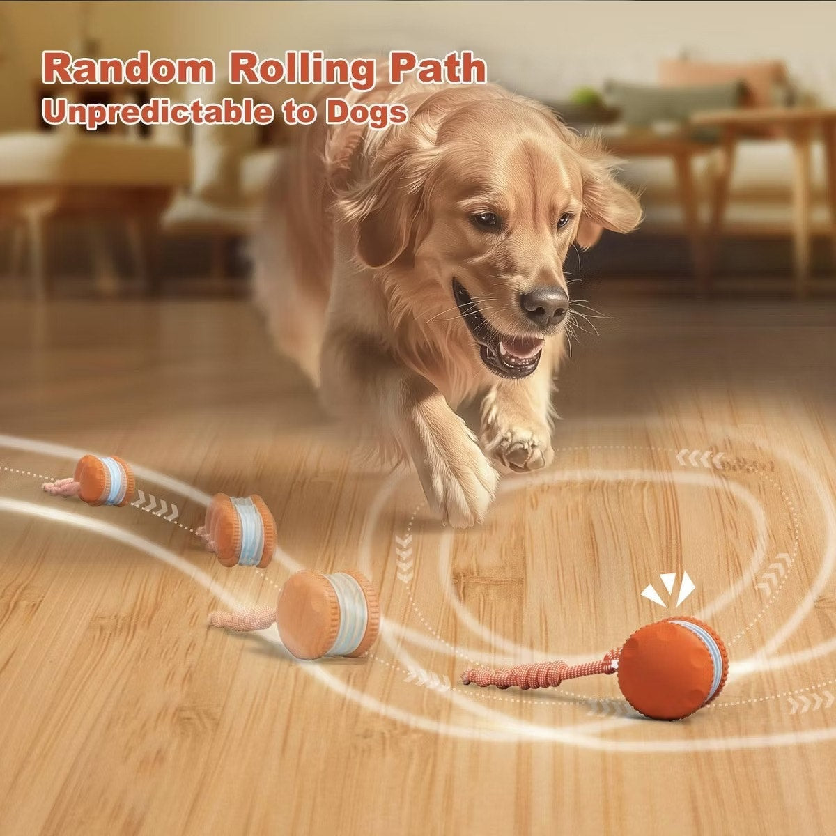 Attop Interactive Dog Toys, Random Path Automatic Moving and Rolling Dogs Toy with Rope Motion-Activated Orange