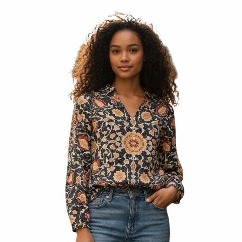 Long Sleeve Women’s V Neck Navy Shirt With Flowers Print On It  Size Medium