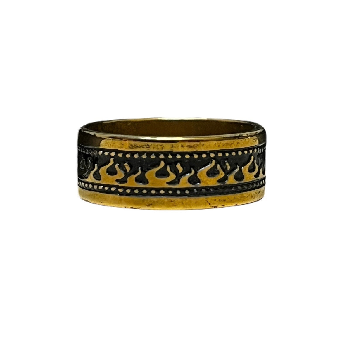 Gold & Black Stainless Steel Ring With Gold Flames On It Size 18