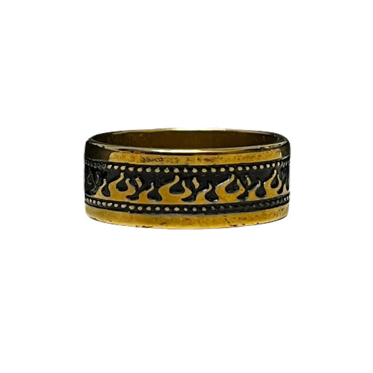 Gold & Black Stainless Steel Ring With Gold Flames On It Size 18