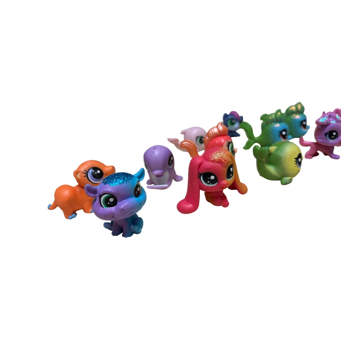 12 Pcs collection of Hasbro Littlest Pet Shop (LPS) mini figures.