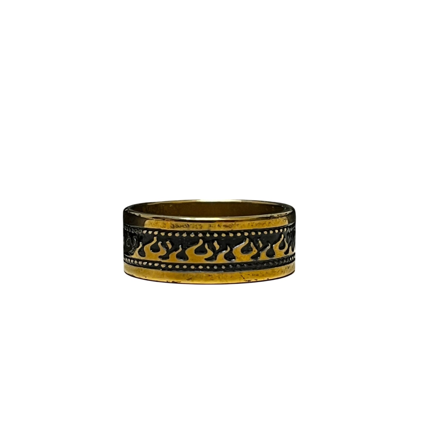 Gold & Black Stainless Steel Ring With Gold Flames On It Size 18
