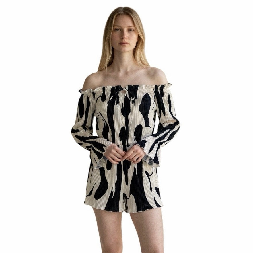 SHEIN SXY black and white abstract striped pleated off-shoulder romper