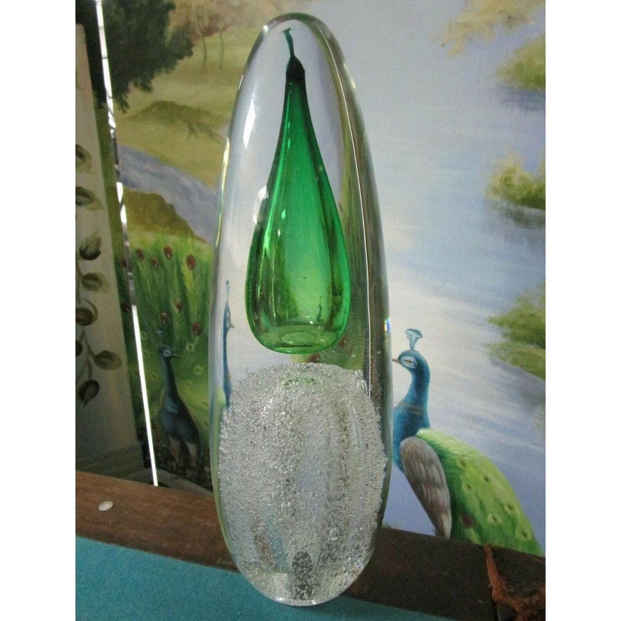 Lithuanian Hand Made Crystal Sculpture Controlled Bubbles And Green 13"