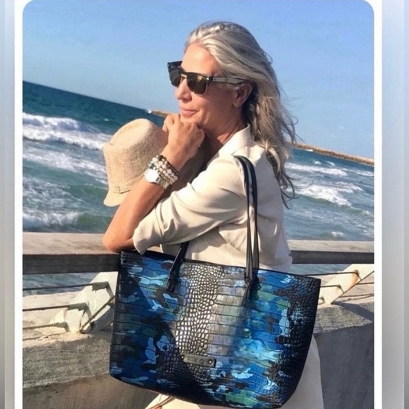 De Vesi L'Amour Crocodile Embossed Blue Camouflage Tote Bag 16”W X 11”L