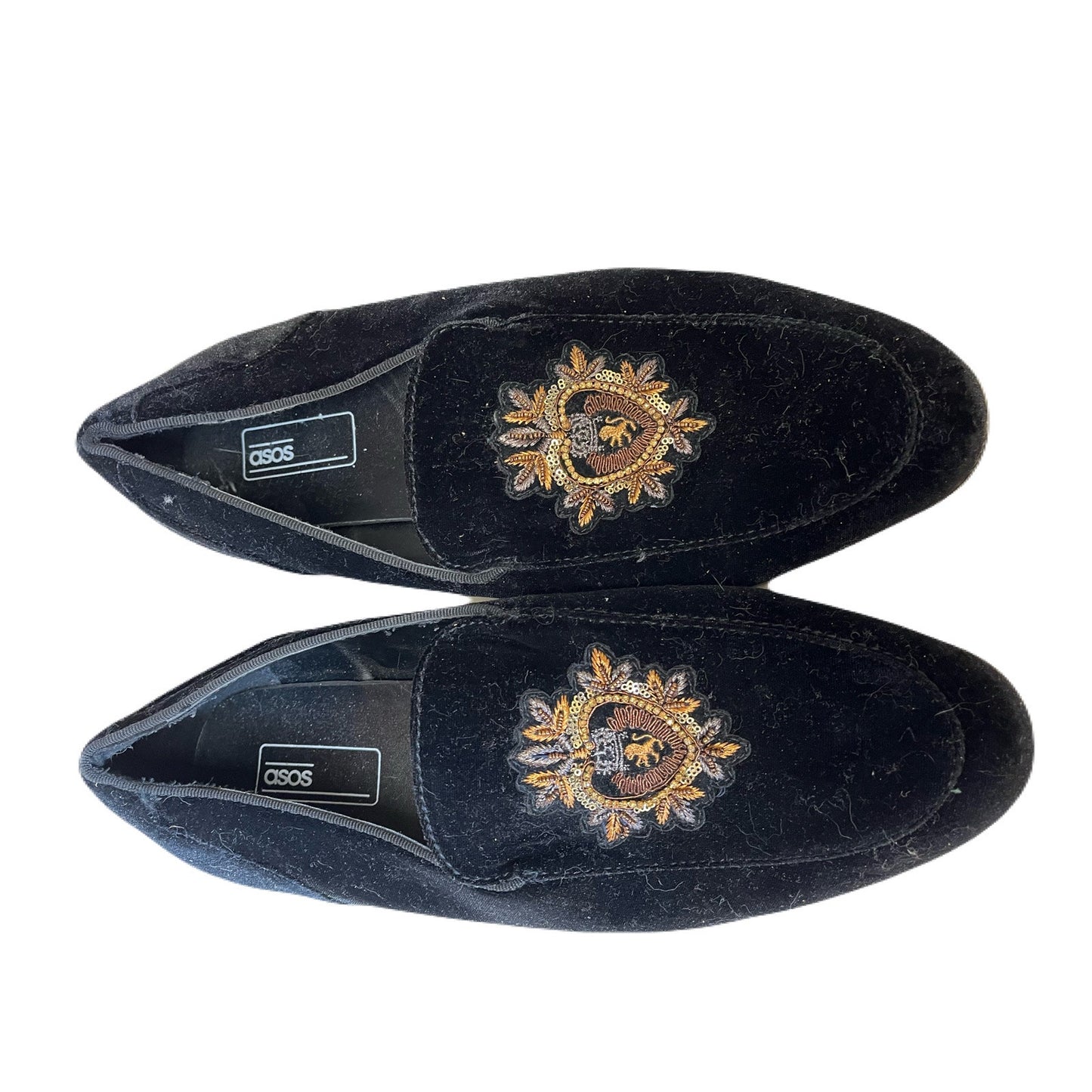 ASOS women’s Loafers In Black Velvet With Badge Detail