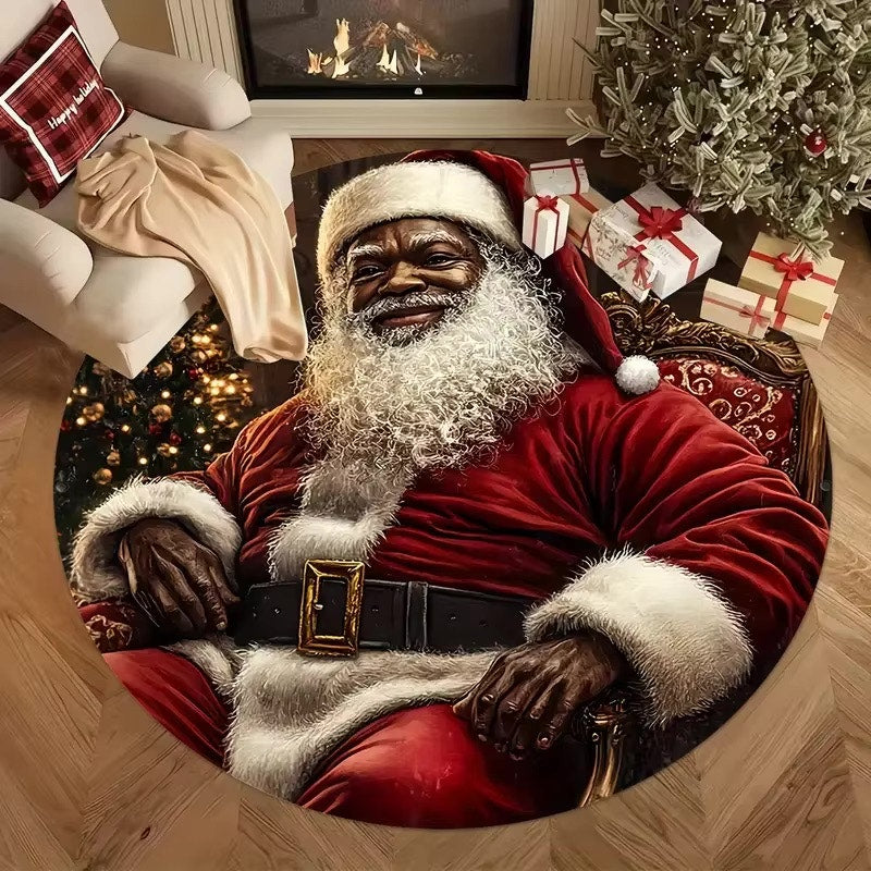 Santa Claus Pattern Round Floor Mat for Living Room, Coffee Table, Bedroom