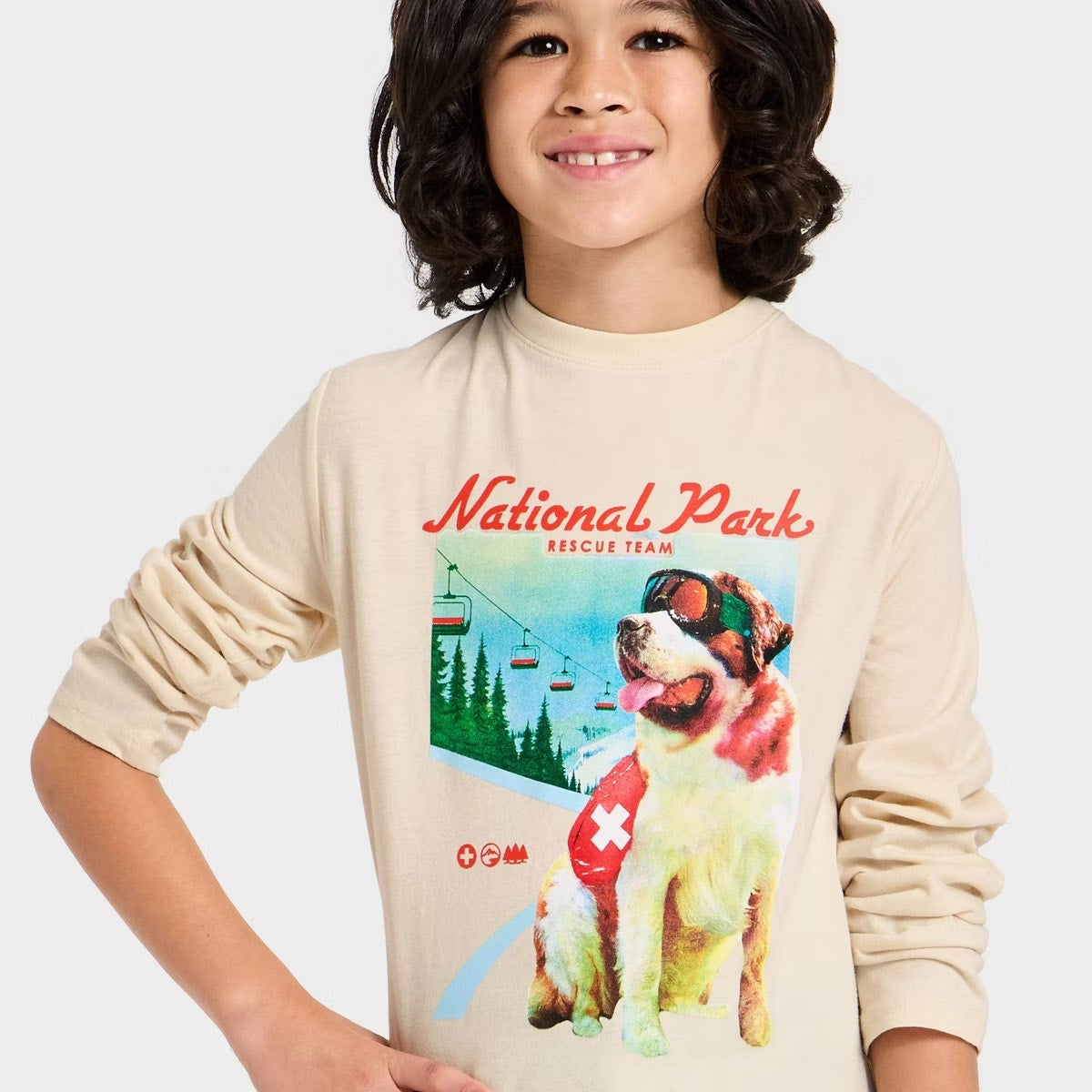 Boys' Long Sleeve 'National Park' Dog Graphic T-Shirt - Cat & Jack Cream L 10/12