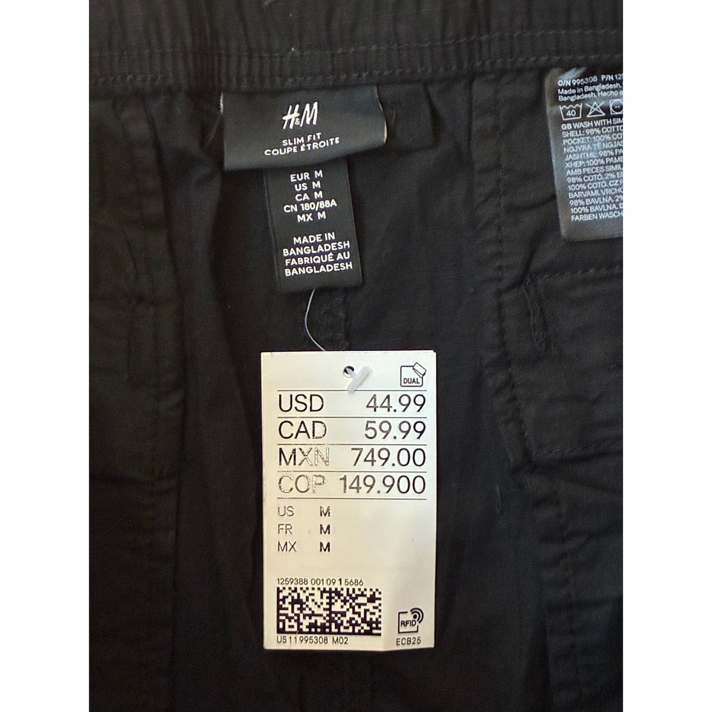 H & M Men’s Slim Fit Elastic Waist Cargo Pants Black Size Medium