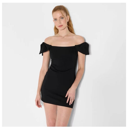 Women's Off the Shoulder Bow Short Sleeve Mini A-Line Dress - Wild Fabric Dress