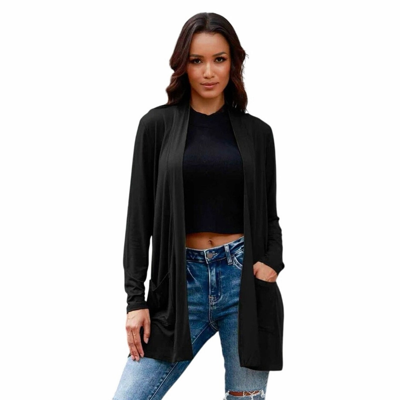 A NEW DAY WOMEN’S FRONT LONG SLEEVE CARDIGAN WITH POCKETS . BLACK SIZE SMALL