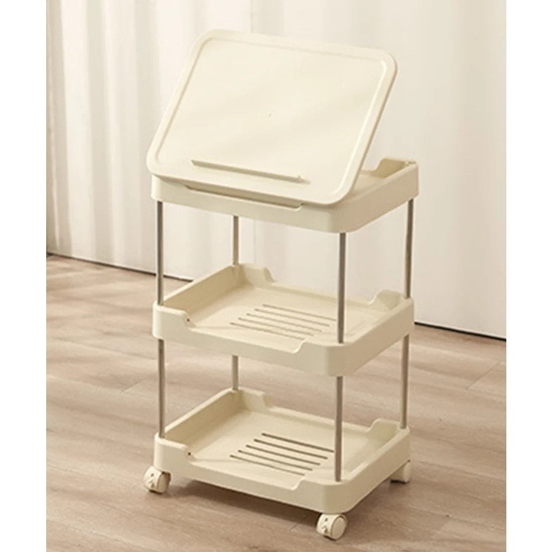 3-tier rolling utility cart with a top handle and drawer feature.